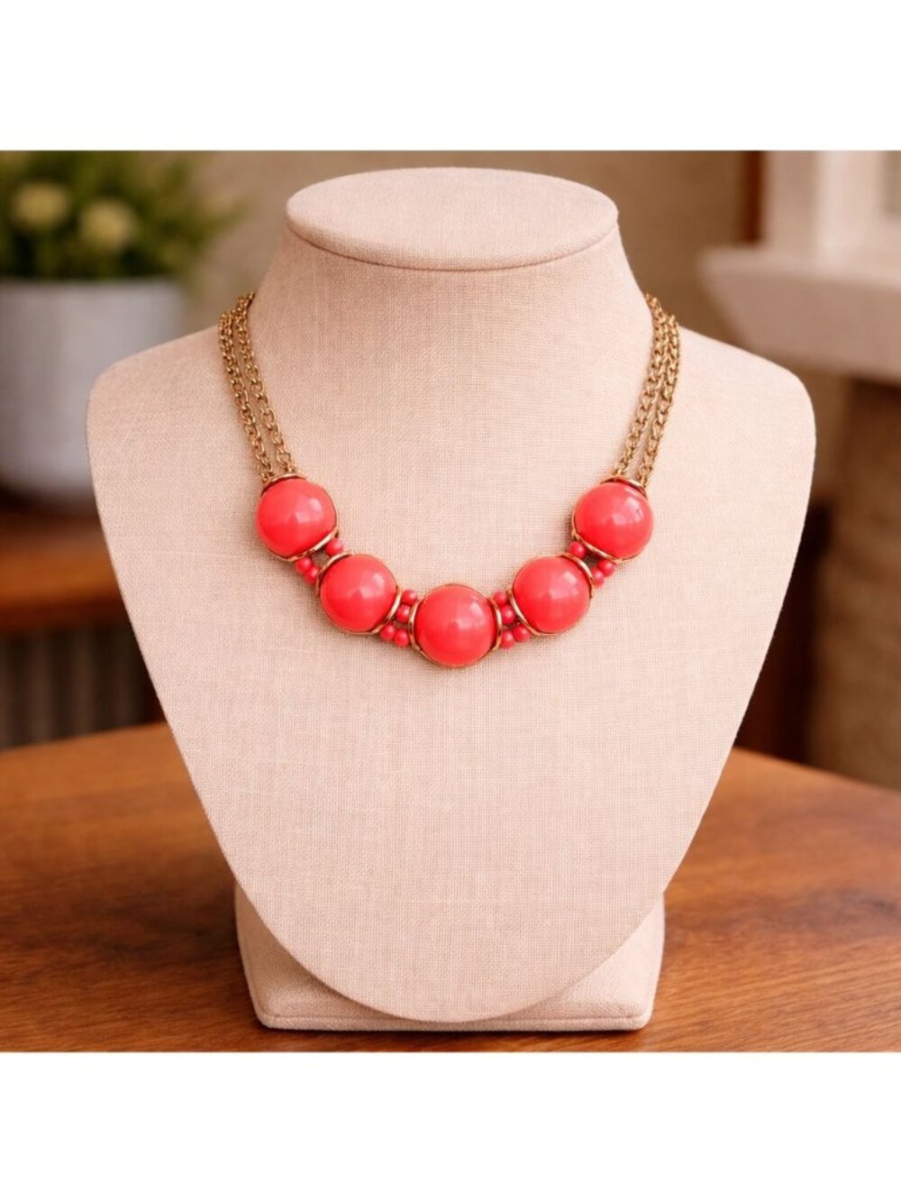 Charming Charlie Chunky Gold Tone Dark Salmon Pink Bauble Statement 18" Necklace